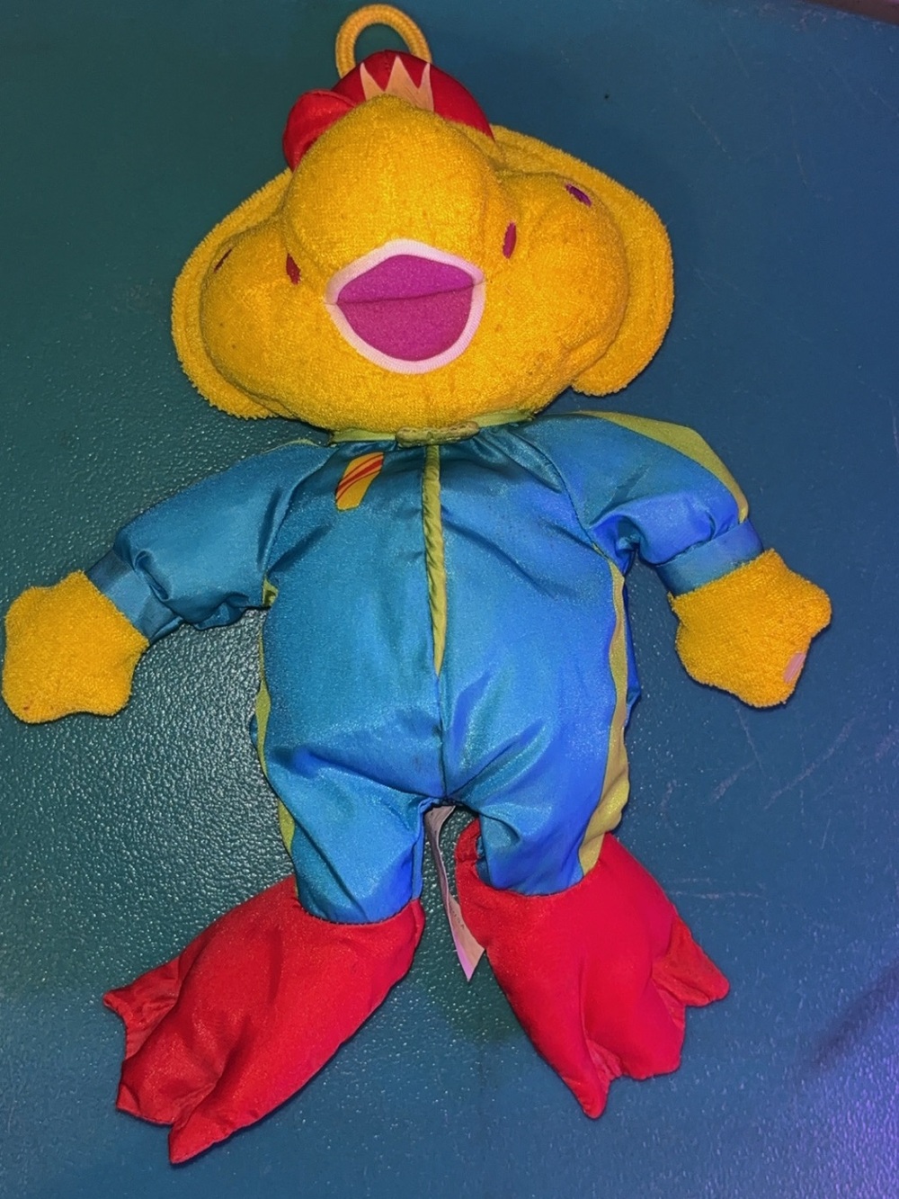 barney Fisher-Price Yellow Plush Bird in Blue Outfit with Red Feet